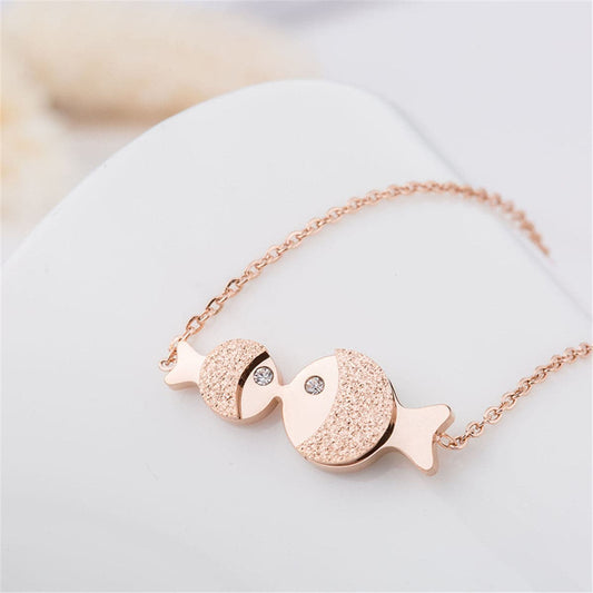Cubic Zirconia and 18K Rose Gold-Plated Fish Pendant Necklace, rose gold pendant necklace for women, front view