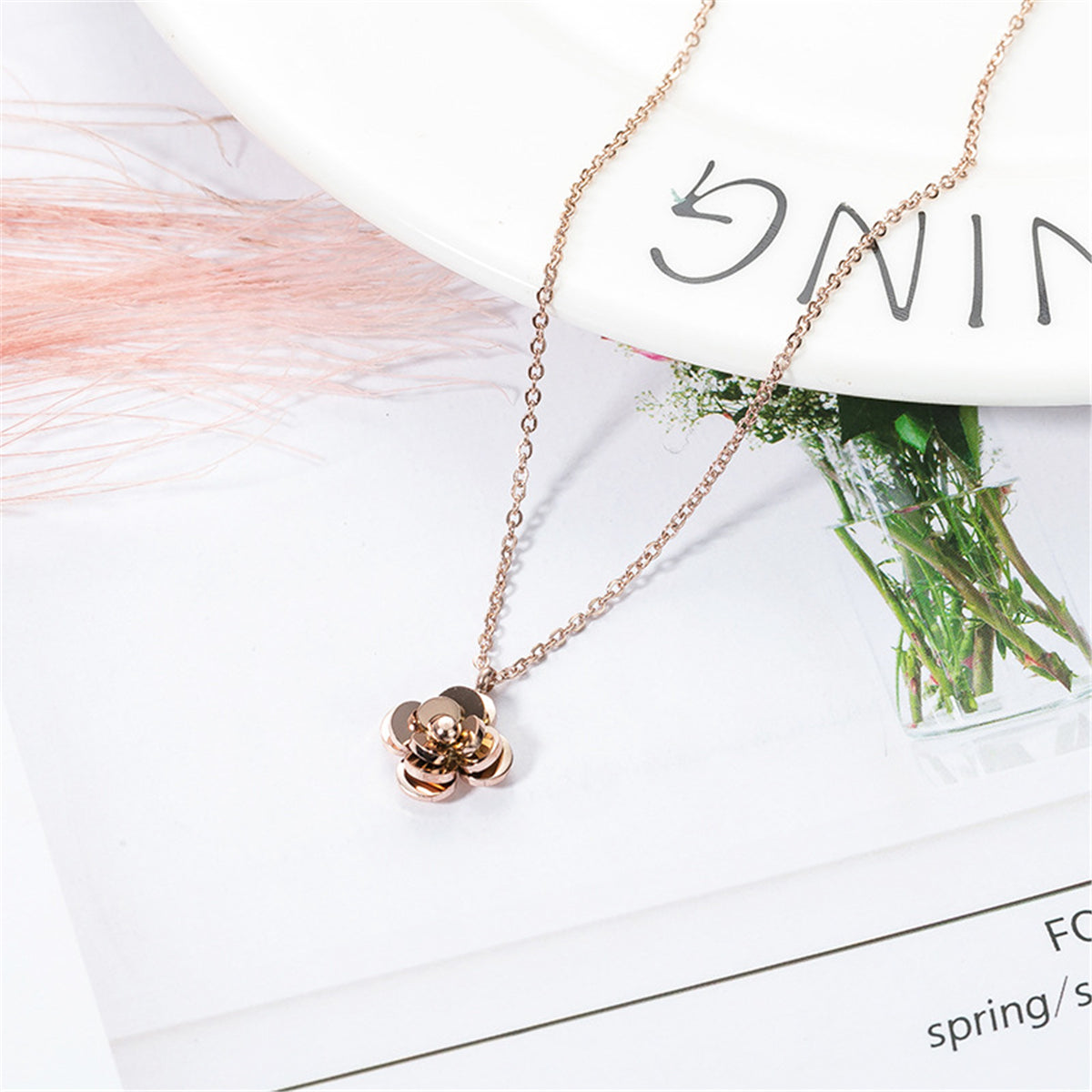 18K Rose Gold-Plated Camellia Pendant Necklace, rose gold pendant necklace for women, dainty minimalist design, front view