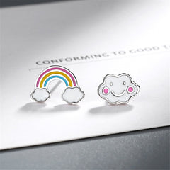White Cloud & Rainbow Asymmetrical Stud Earrings