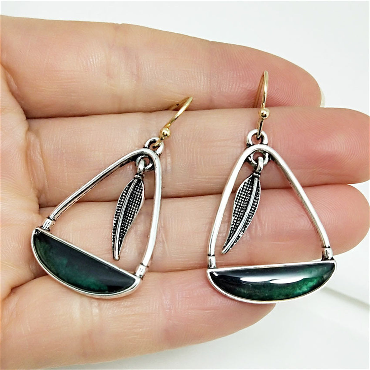 Black-Green Resin and Two-Tone Feather Handbag Drop Earrings, drop earrings for women, everyday style, front view