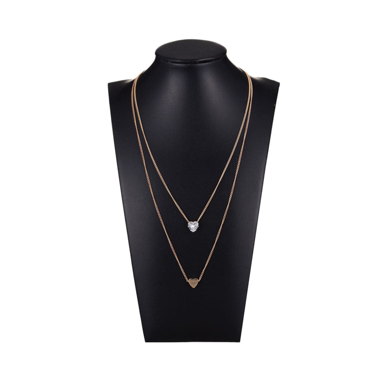 Cubic Zirconia and 18K Gold-Plated Heart Double Pendant Necklace, gold pendant necklace for women, detail close-up