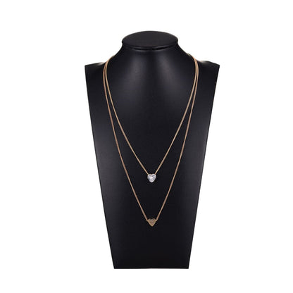 Cubic Zirconia and 18K Gold-Plated Heart Double Pendant Necklace, gold pendant necklace for women, detail close-up