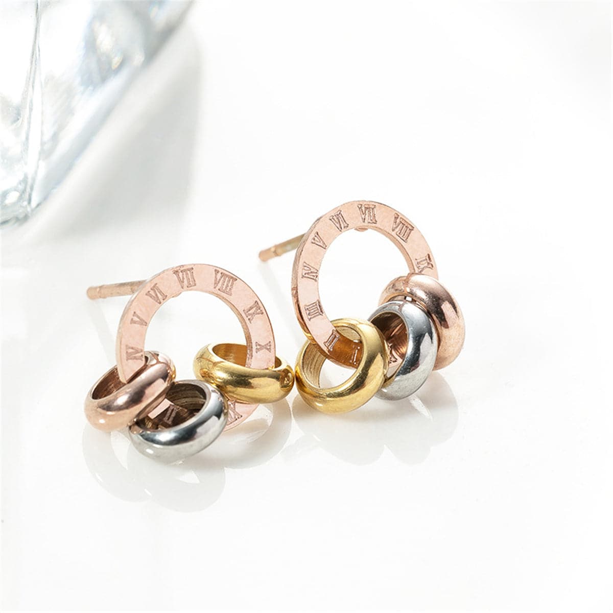 18K Rose Gold-Plated Triple Ring Stud Earrings