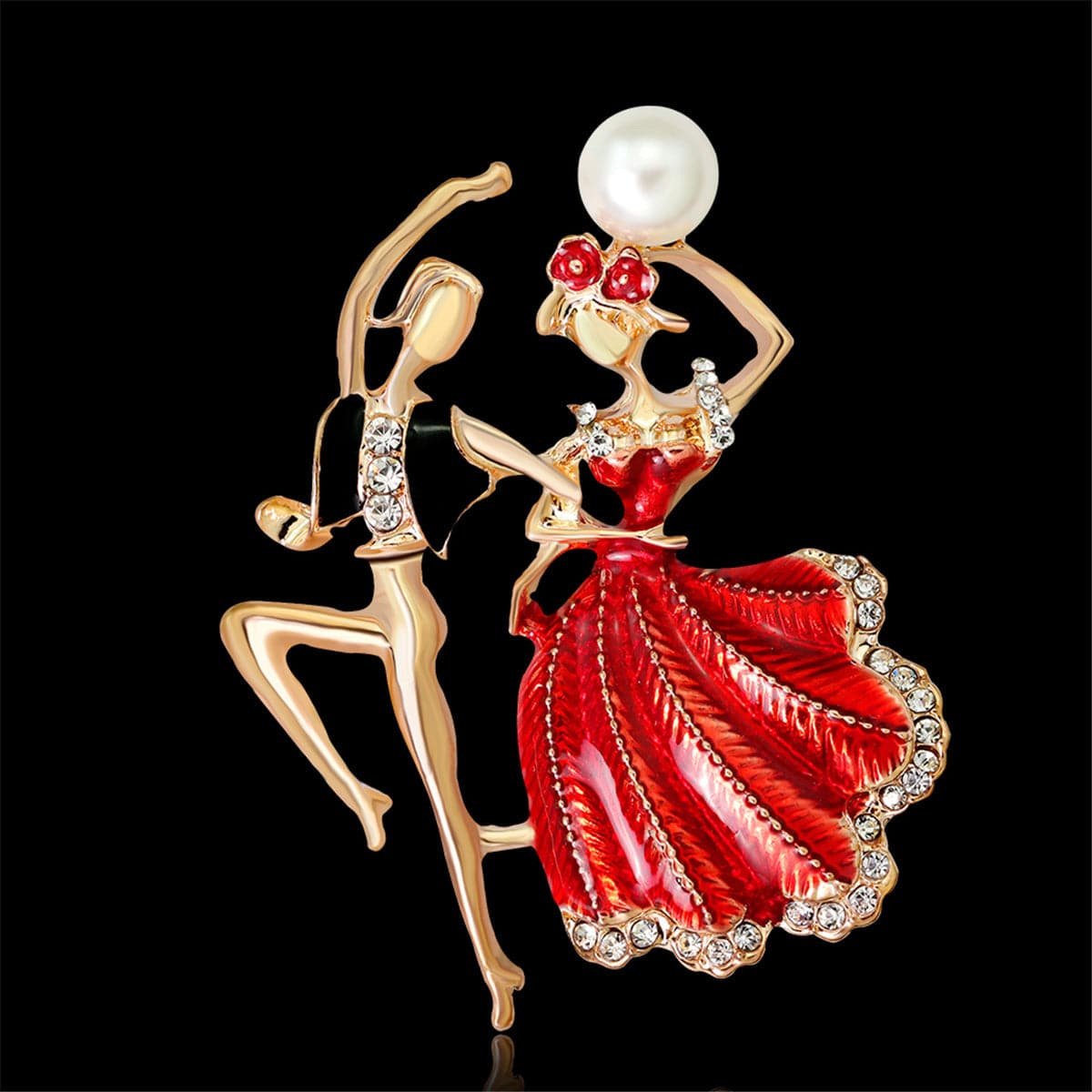 Red Enamel and Pearl 18K Gold-Plated Dancing Partner Brooch, gold brooch pin, dainty minimalist design, detail close-up