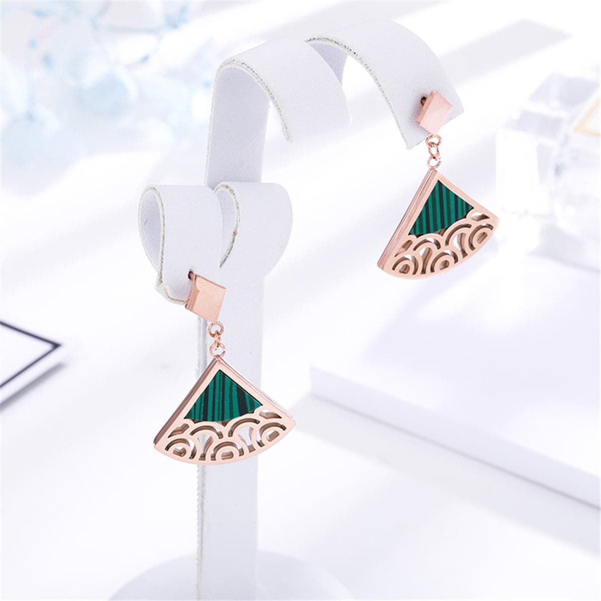 Green & 18K Rose Gold-Plated Filigree Triangle Drop Earrings