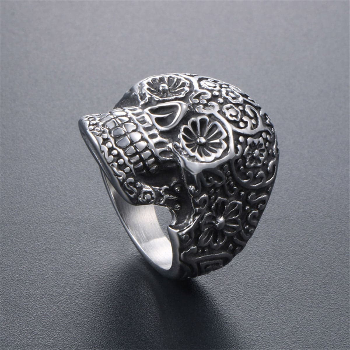 Silver-Plated Floral Skull Band Ring