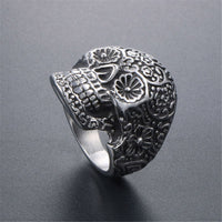Silver-Plated Floral Skull Band Ring