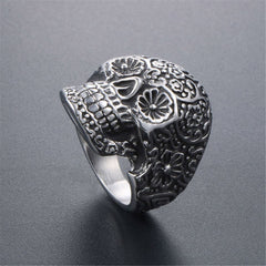Silver-Plated Floral Skull Band Ring
