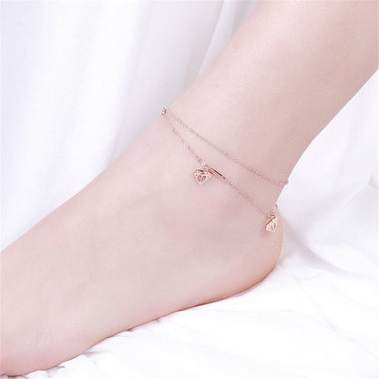 18K Rose Gold-Plated Heart Layer Anklet, rose gold anklet bracelet, everyday style, detail close-up