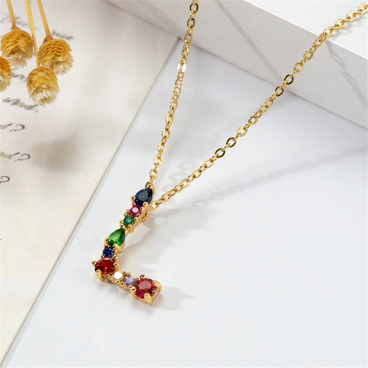 Red Multicolor Crystal and Cubic Zirconia Letter L Pendant Necklace, pendant necklace for women, front view
