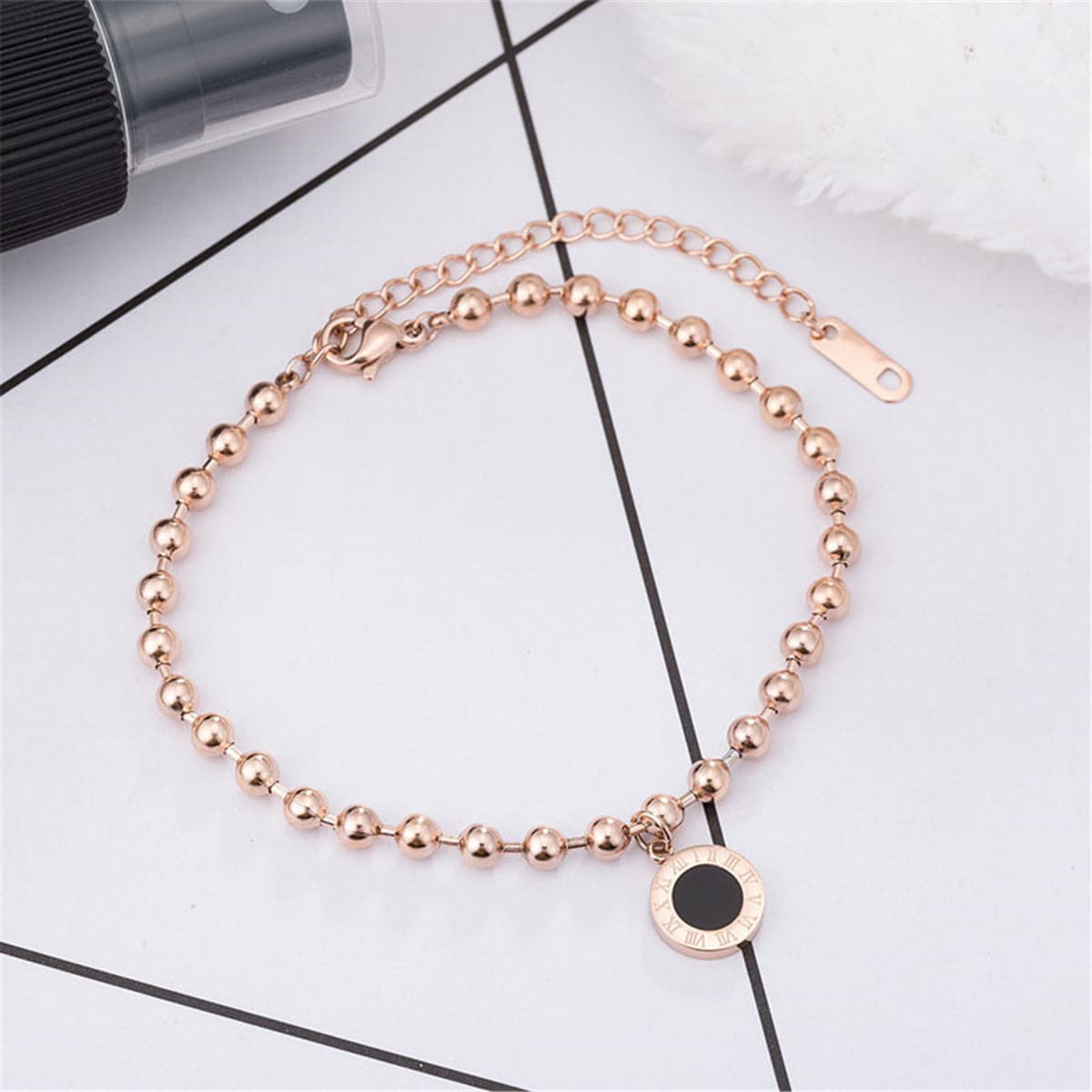 18K Rose Gold-Plated Roman Numeral Link Bracelet, rose gold bracelet for women, botanical inspired, detail close-up