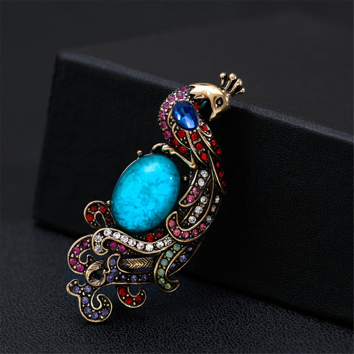 Blue & Pink Cubic Zirconia & 18K Gold-Plated Peacock Brooch