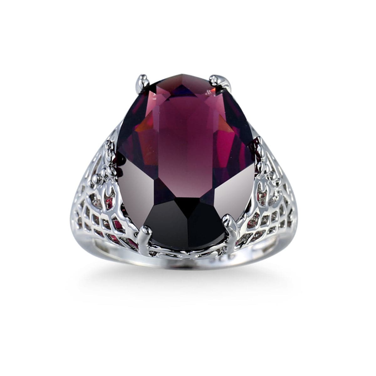 Purple Crystal & Silver-Plated Filigree Band Oval Ring