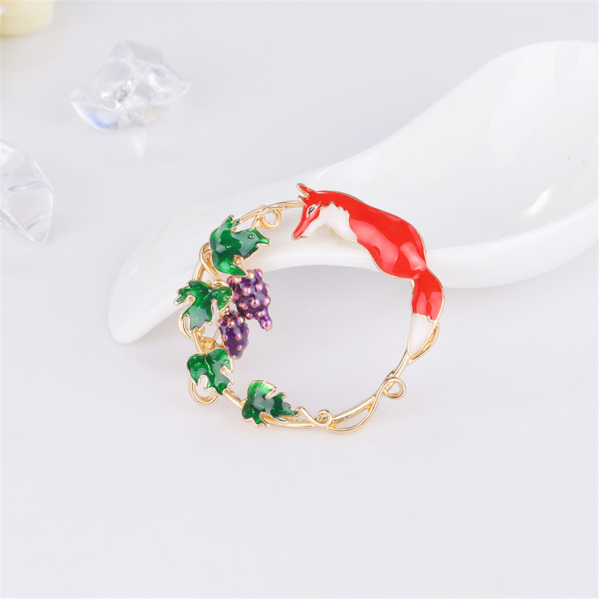Green Enamel and 18K Gold-Plated Fox Grapevine Brooch, gold brooch pin, dainty minimalist design, lifestyle look