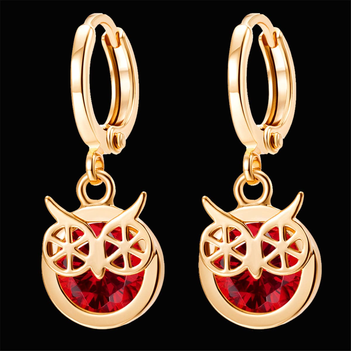 Red cubic zirconia & 18k Gold-Plated Owl Bezel Drop Earrings - streetregion