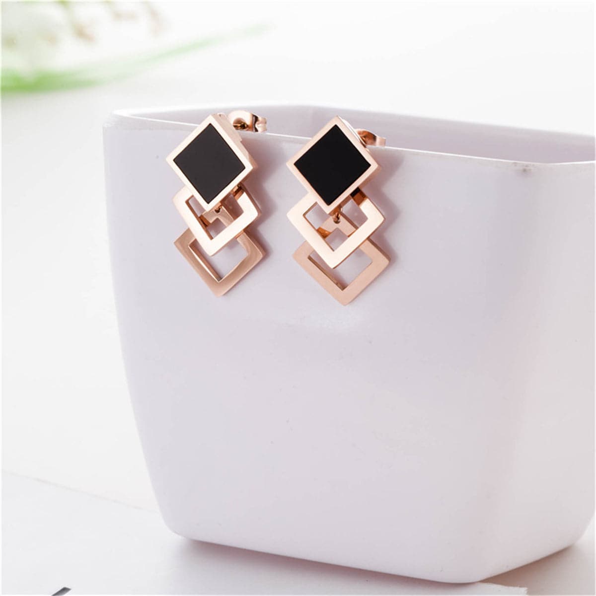 Black and 18K Rose Gold-Plated Overlapping Rhombus Stud Earrings, rose gold stud earrings for women, lifestyle look