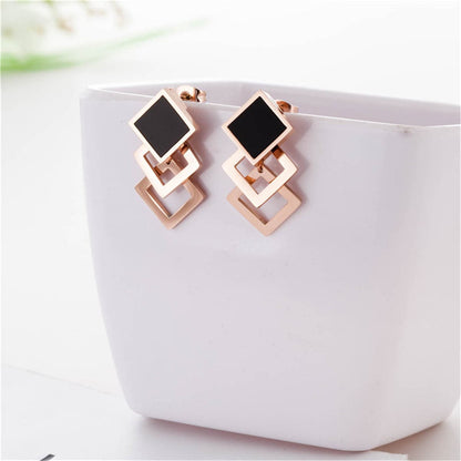 Black and 18K Rose Gold-Plated Overlapping Rhombus Stud Earrings, rose gold stud earrings for women, lifestyle look