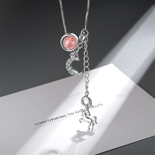 Strawberry Red Crystal & Cubic Zirconia Moon & Unicorn Pendant Necklace