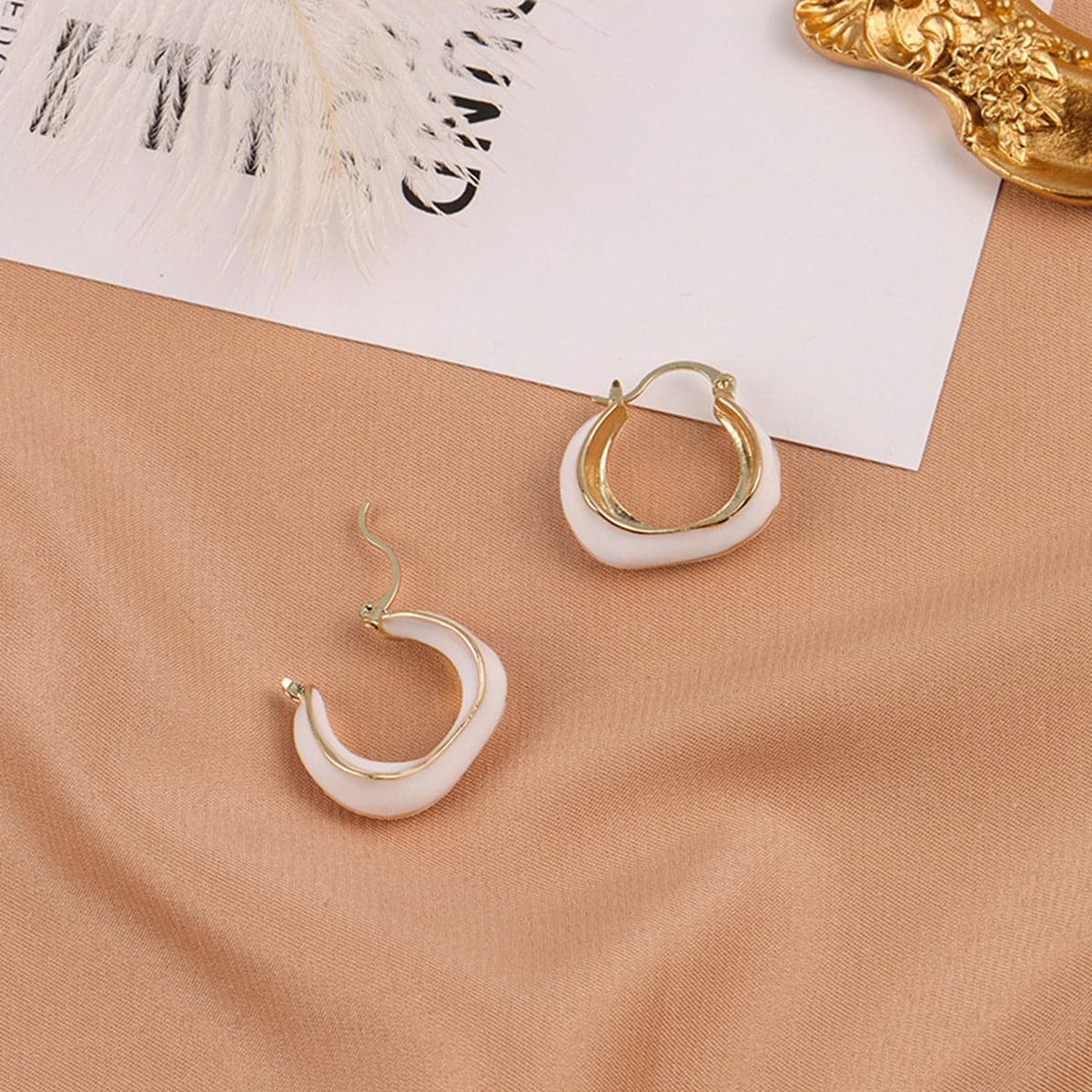 White Enamel & 18K Gold-Plated Geometry Huggie Earrings