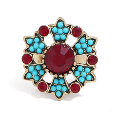 Red Cubic Zirconia & Turquoise Flower Cocktail Ring - streetregion
