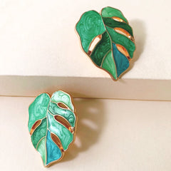 Green & 18K Gold-Plated Leaf Stud Earrings