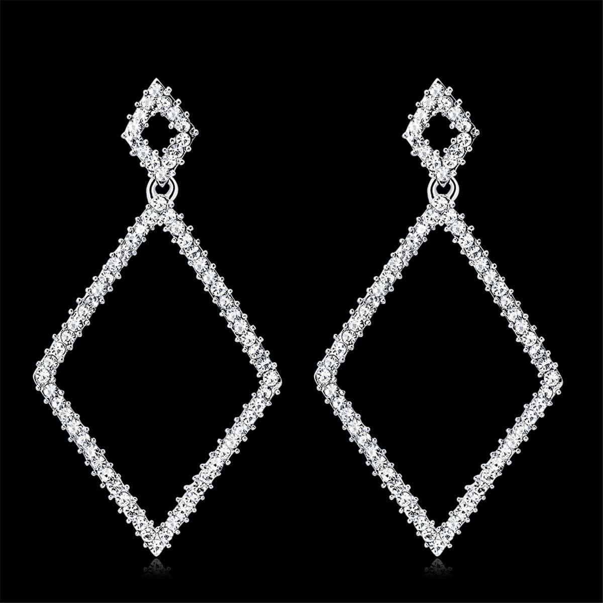 Cubic Zirconia & Silver-Plated Rhombus Open Drop Earrings