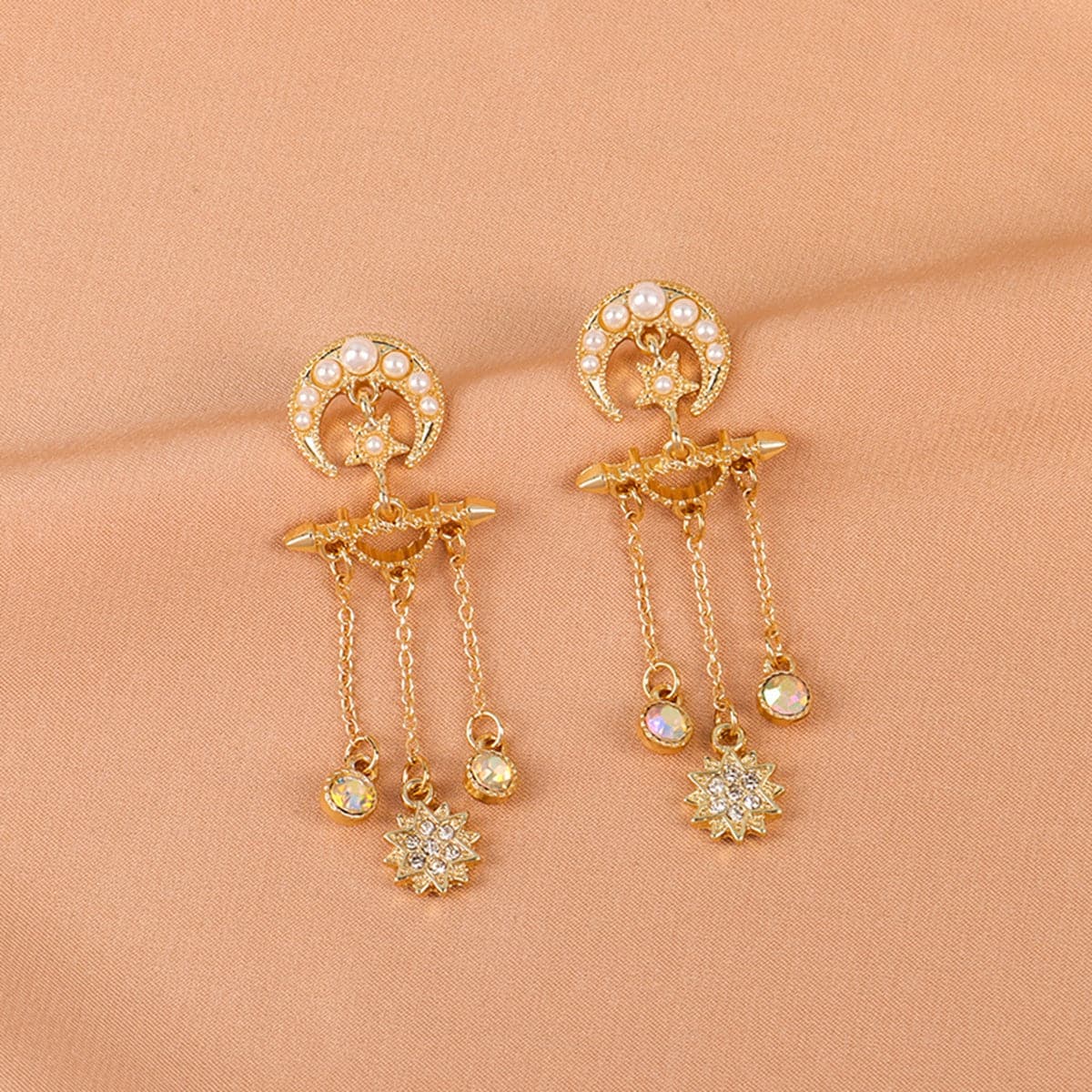 Pearl and Cubic Zirconia 18K Gold-Plated Celestial Chandelier Drop Earrings, gold drop earrings for women, front view