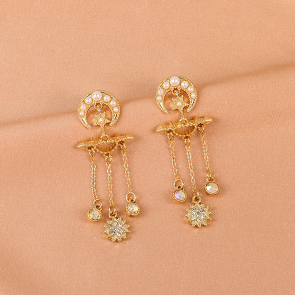 Pearl and Cubic Zirconia 18K Gold-Plated Celestial Chandelier Drop Earrings, gold drop earrings for women, front view