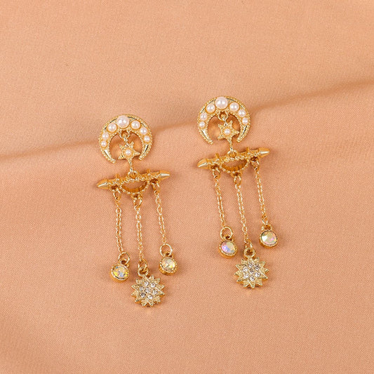 Pearl and Cubic Zirconia 18K Gold-Plated Celestial Chandelier Drop Earrings, gold drop earrings for women, front view