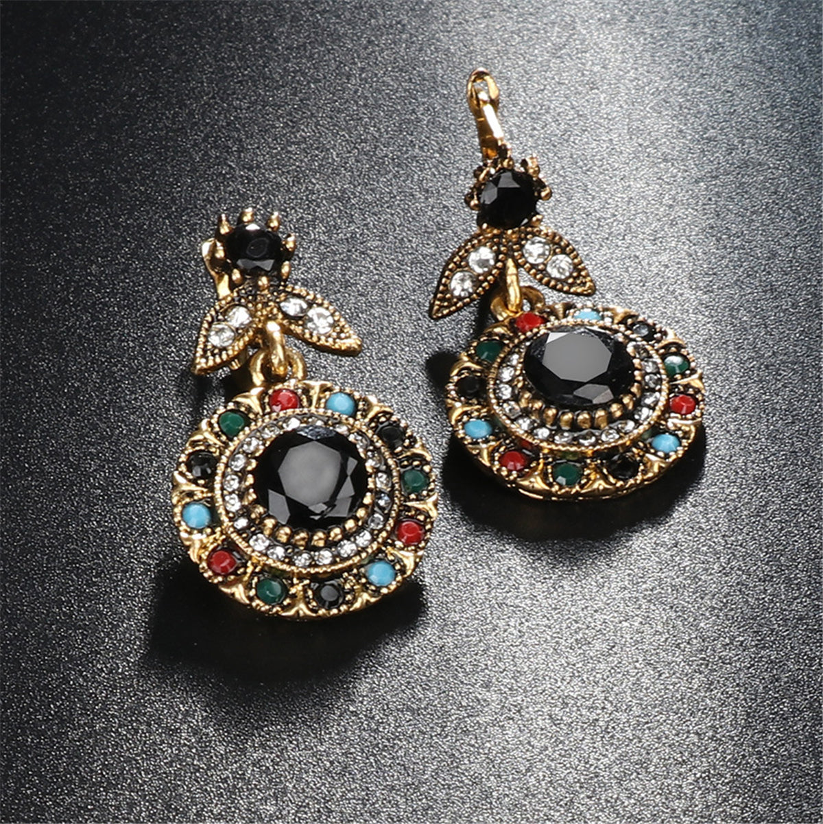 Black and Cubic Zirconia Botany Drop Earrings, drop earrings for women, botanical inspired, front view