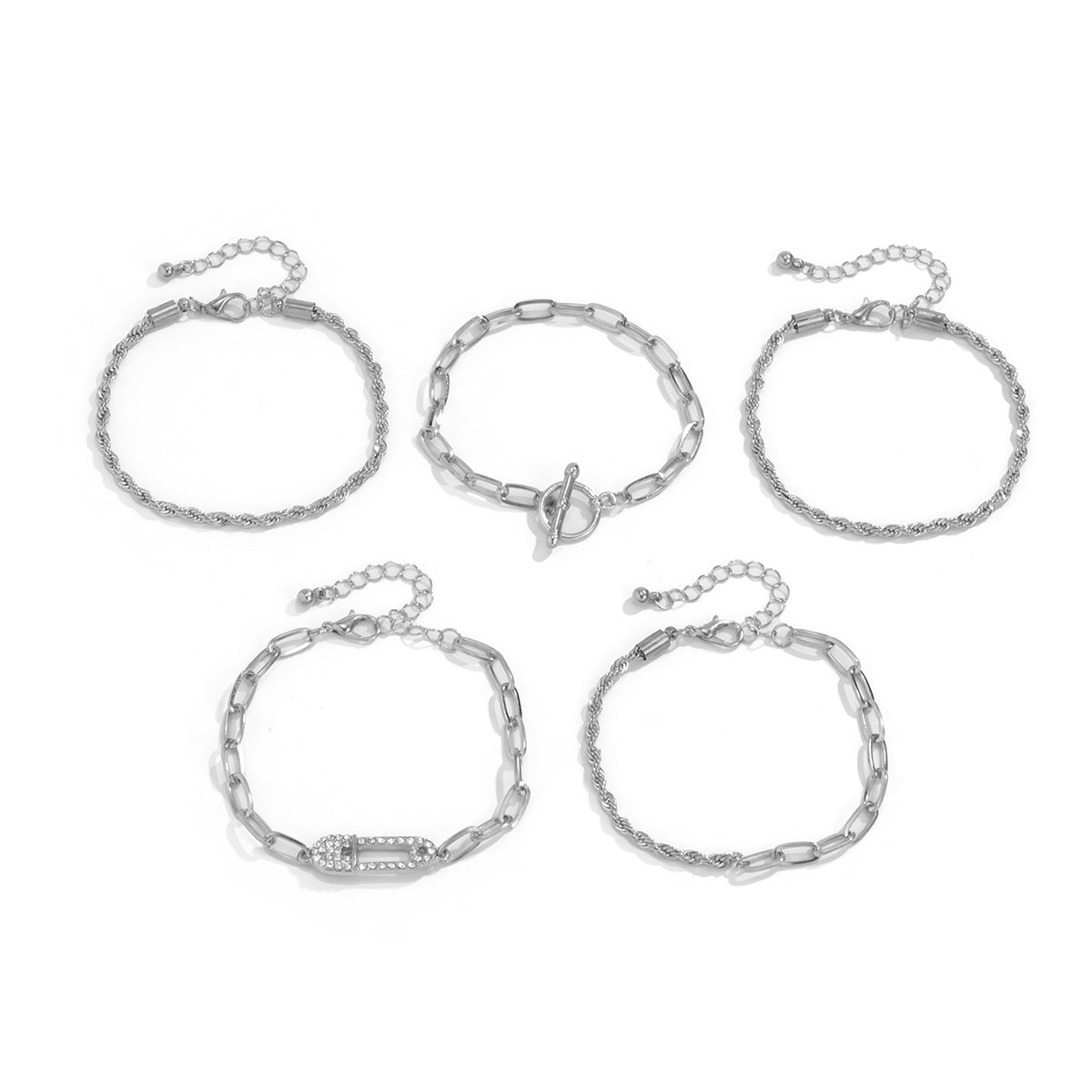 Cubic Zirconia & Silver-Plated Pin Charm Bracelet Set