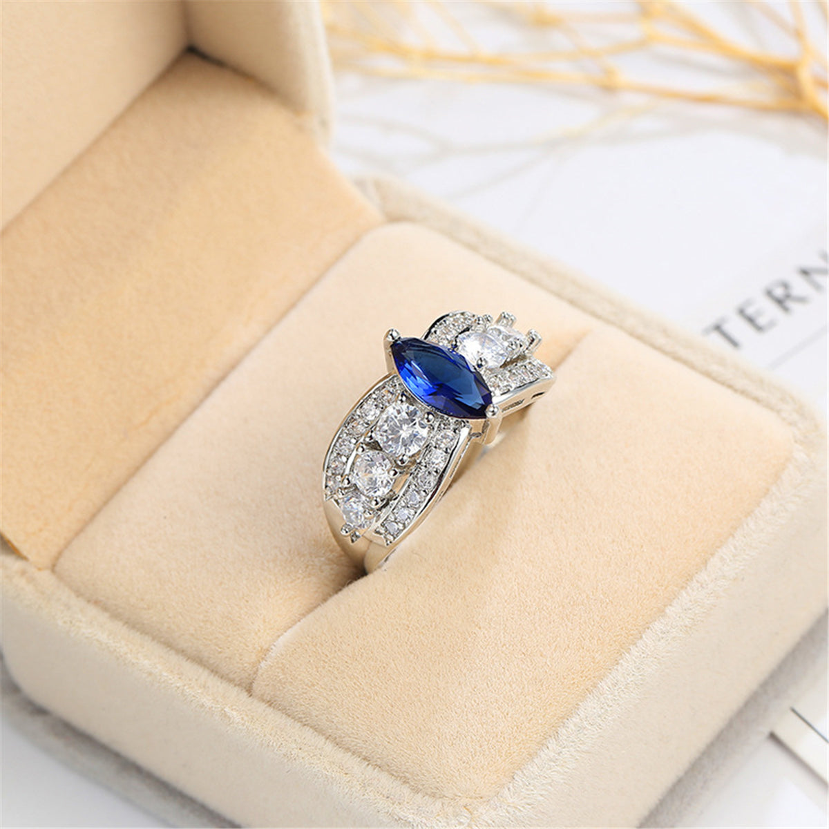 Navy Crystal and Cubic Zirconia Marquis Ring, statement rings for women, vintage-inspired design, detail close-up