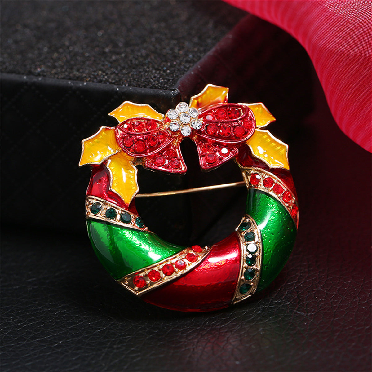 Red Cubic Zirconia and Enamel 18K Gold-Plated Christmas Bow Wreath Brooch, gold brooch pin, side view
