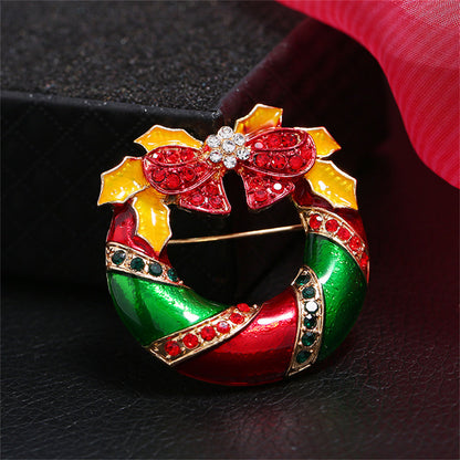 Red Cubic Zirconia and Enamel 18K Gold-Plated Christmas Bow Wreath Brooch, gold brooch pin, side view