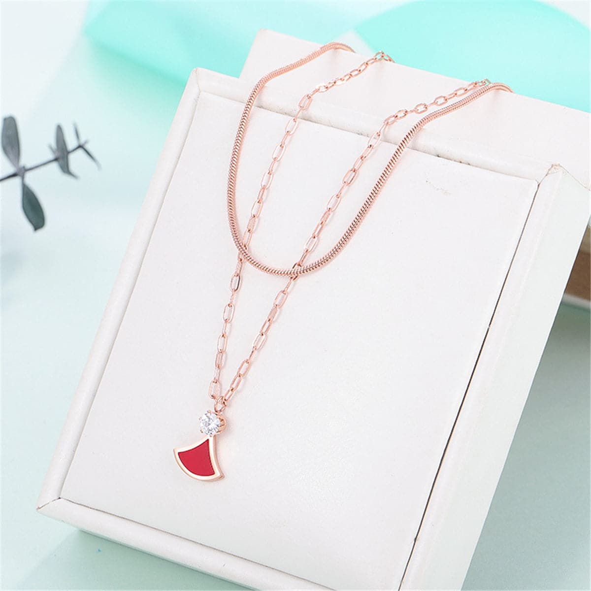 Cubic Zirconia and 18K Rose Gold-Plated Layered Pendant Necklace, rose gold pendant necklace for women, front view
