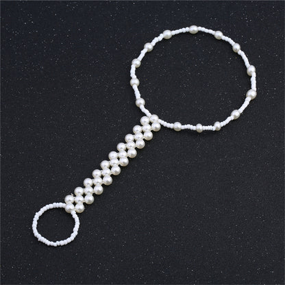 Pearl Ankle-To-Toe Ring Beaded Anklet, statement rings for women, botanical inspired, side view
