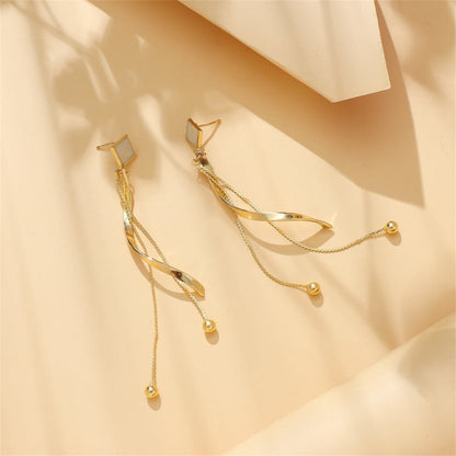 White Enamel and 18K Gold-Plated Rhombus Twisted Tassel Drop Earrings, gold drop earrings for women, detail close-up