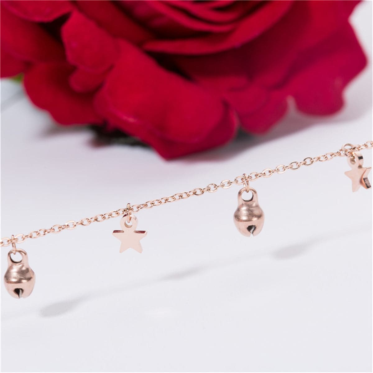 18K Rose Gold-Plated Star and Bell Station Anklet, rose gold anklet bracelet, elegant gift for her, side view