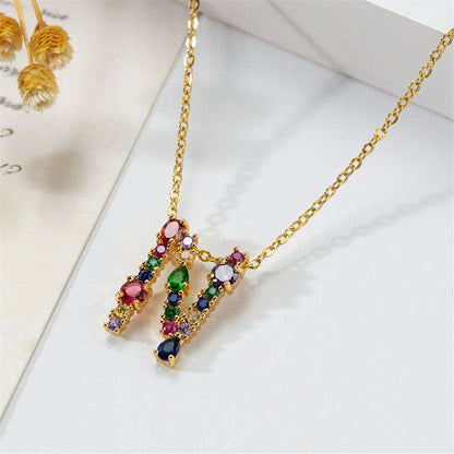 Red Multicolor Crystal and Cubic Zirconia Letter N Pendant Necklace, pendant necklace for women, front view