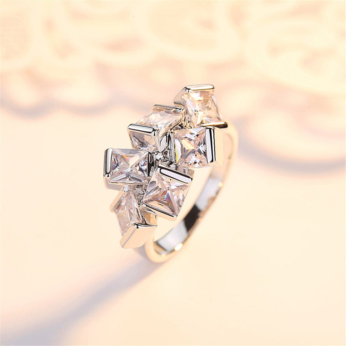 Crystal & Silver-Plated Clustered Princess-Cut Ring