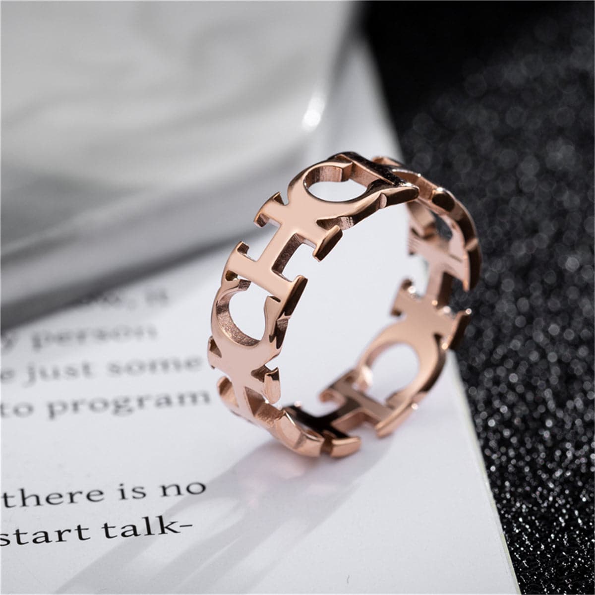 18K Rose Gold-Plated 'CH' Band Ring, rose gold statement rings for women, everyday style, detail close-up