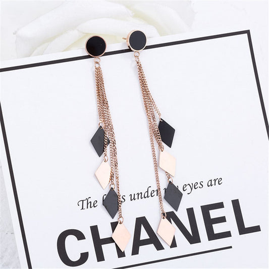 Black and 18K Rose Gold-Plated Rhombus Tassel Drop Earrings, rose gold drop earrings for women, front view