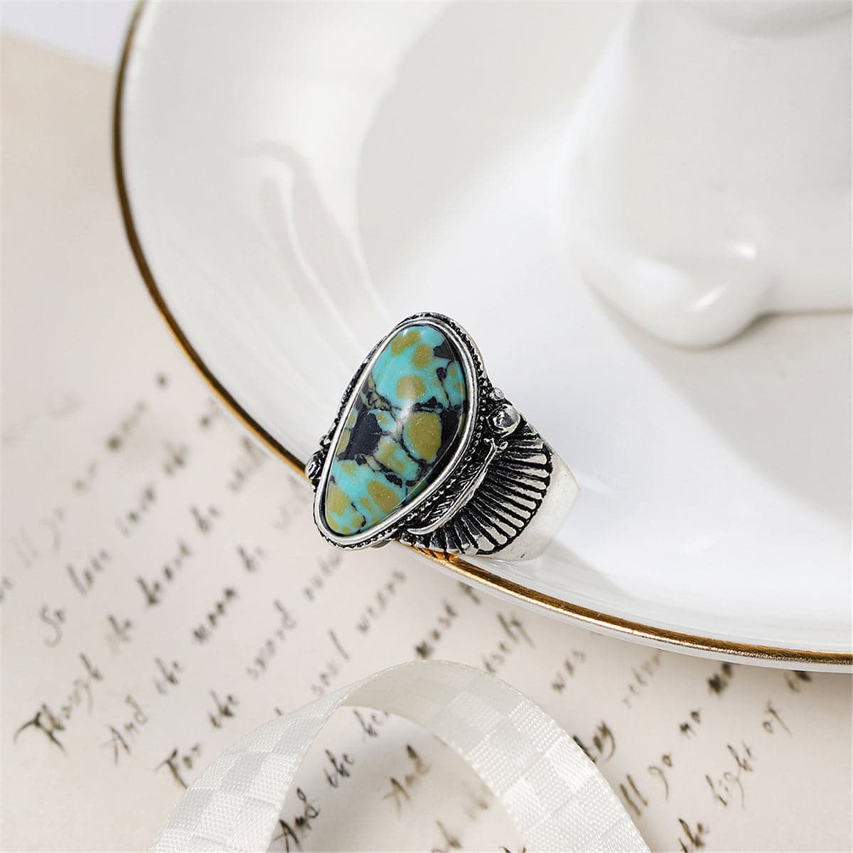Turquoise & Silver-Plated Band Ring