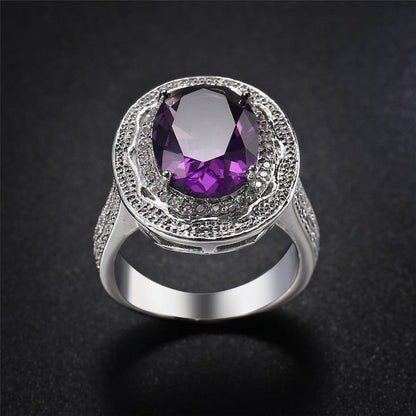 Purple Crystal and Cubic Zirconia Oval Halo Ring, statement rings for women, elegant gift for her, detail close-up