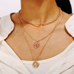 18K Gold-Plated Tree & Map Figaro Layered Choker Pendant Necklace