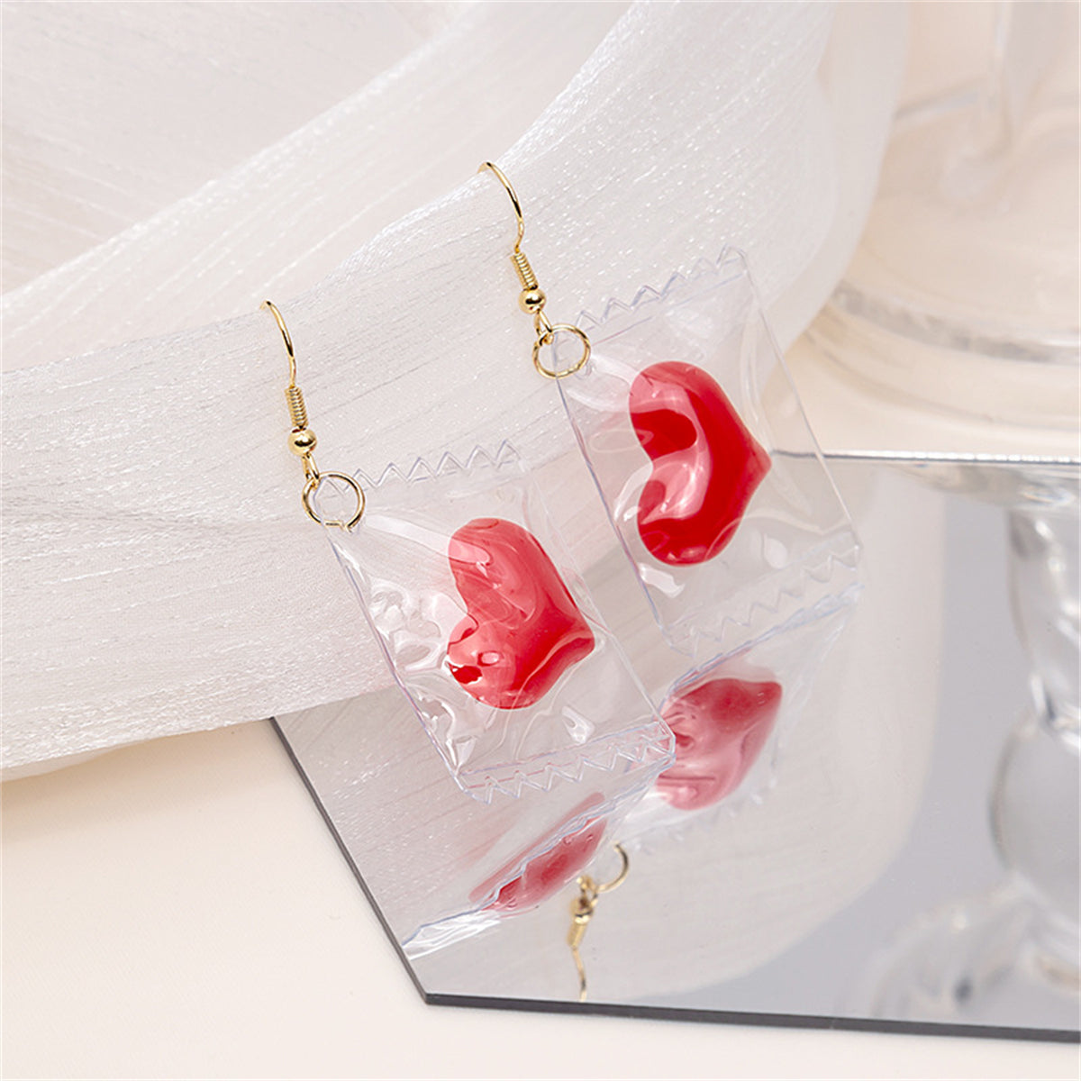 Red Resin and 18K Gold-Plated Heart Candy Drop Earrings, gold drop earrings for women, elegant gift for her, lifestyle look