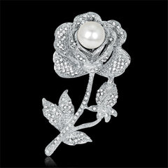 Cubic Zirconia & Pearl Silver-Plated Rose Brooch