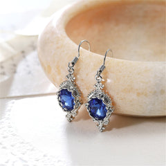 Blue Crystal & Silver-Plated Oval Engraved Drop Earrings