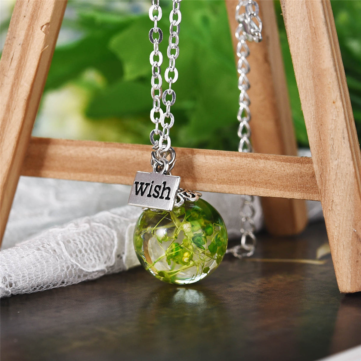 Green Gypsophila & Silver-Plated 'Wish' Pendant Necklace