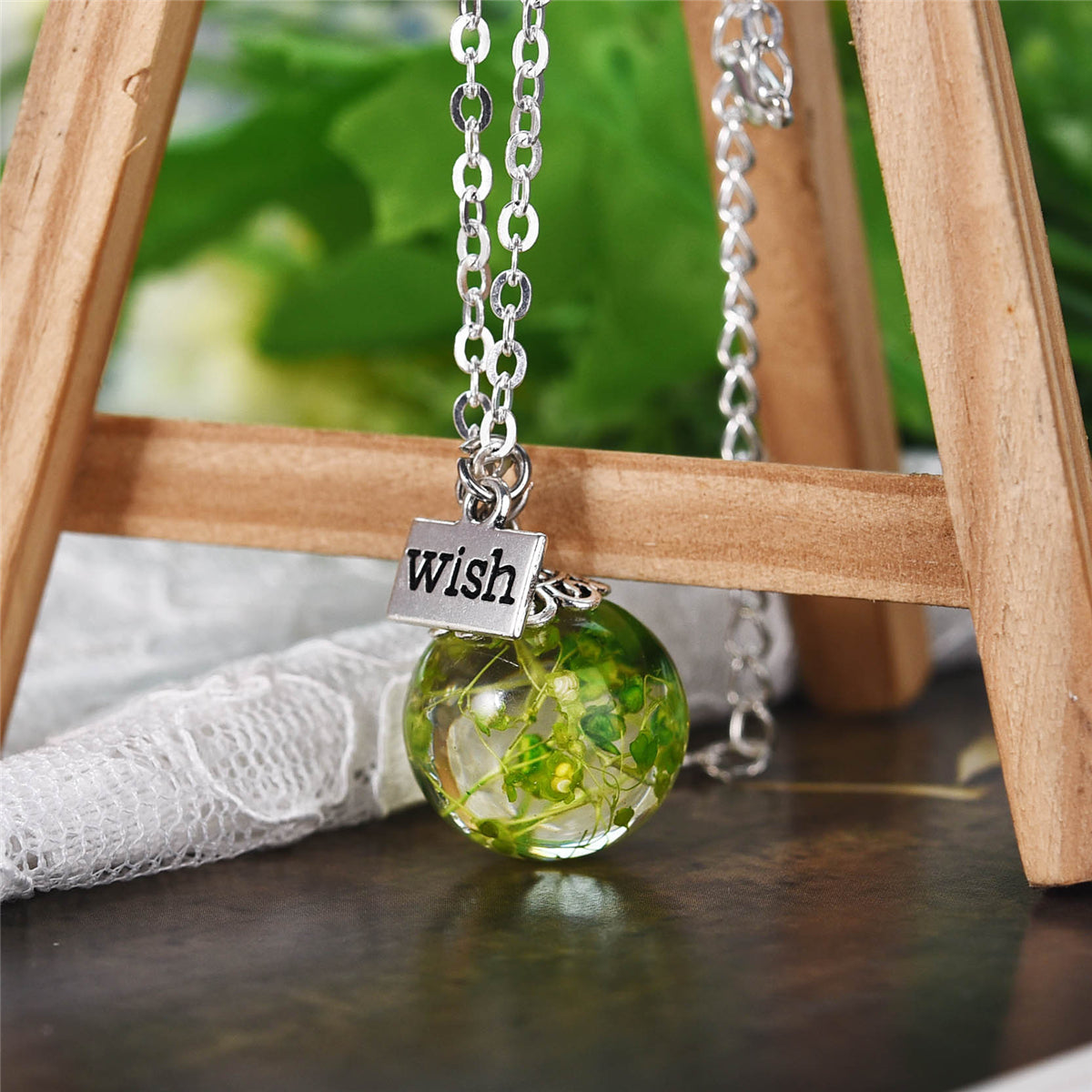 Green Gypsophila and Silver-Plated 'Wish' Pendant Necklace, silver pendant necklace for women, detail close-up